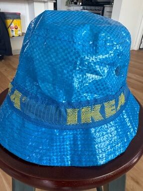 IKEA Knorva Blue Woven Bucket Hat with Yellow Accent